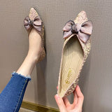 Point Shoes for Women Flat Heel Bowtie Silk Cloth Evening Shoes Lady Flat Bottom Scoop Shoes Large Size 44 45 46 31 32 33