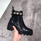 Wexleyjesus  2021  Winter Botte Pour Femme New Thick-bottomed Muffin Stretch Cloth Rhinestone Chelsea Shoes Short Boots Ankle Flat Martin Boot