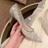 Women's shoes spring 2021 new wild pointed stiletto flat shoes wedding shoes fairy style single shoes mesh high heels