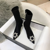 Wexleyjesus  European and American Style Wineglass Heel Women's Ankle Boots 2021 New Elastic Thin Boots Sun Buckle Rhinestone High Heel Boots