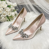 Wexleyjesus  Wedding Shoes Crystal Bridal Shoes Champagne Color Satin Dress Bridesmaid Shoes White High Heels Shoes Women Heels Pumps