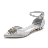 Wexleyjesus  Pointed toe D'orsay satin evening dress shoes ankle strap flats with crystal rhinestone  elegant flat sandals bridal wedding