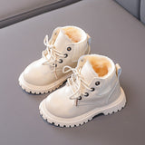 Autumn Winter Plus Velvet Warm Kids Martin Boots for Girls Boys Fashion Leather Boots Soft Bottom Non-slip Children Running Shoe