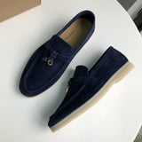 Genuine Leather Kid suede Women Flat Lock Shoes Lazy Slip-on Metal Loafers Lady Casual Walk Shoes Woman Shoes Summer Leather 45